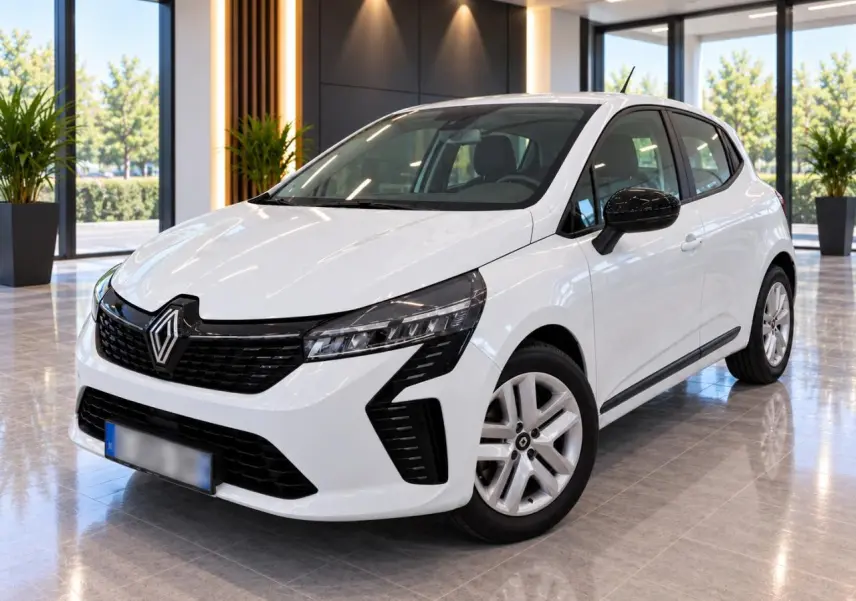Renault Clio blanc glacier vue 3/4 avant droit, avec calandre noire et rétroviseurs noirs brillants.
