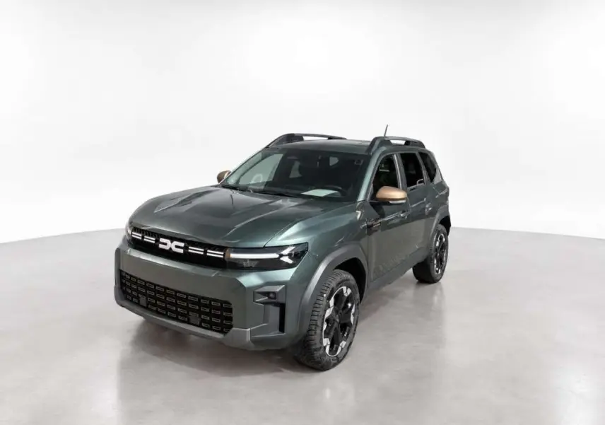 SUV Dacia Bigster vert cèdre en 3/4 avant droit, avec jantes alu noires et rétroviseurs couleur bronze.