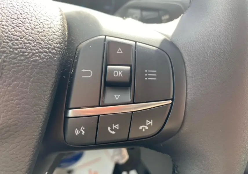 Gros plan sur les commandes multifonctions au volant du Ford Transit Fourgon blanc, côté gauche.