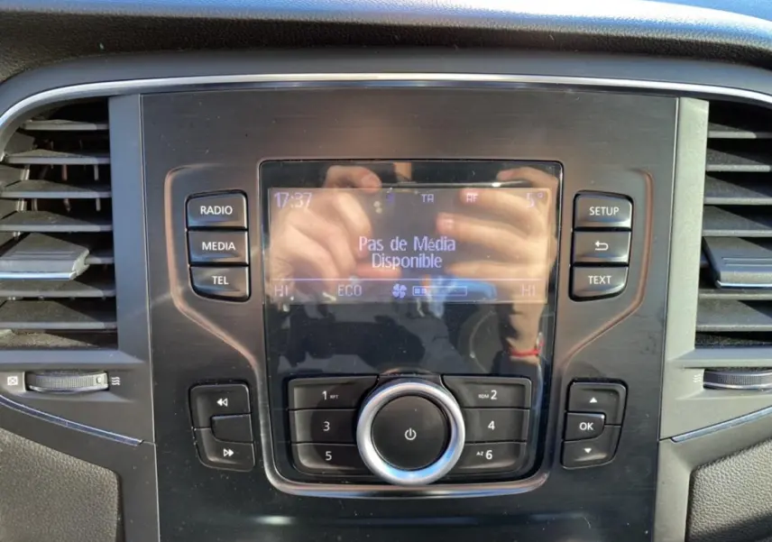 Vue rapprochée du tableau de bord de la Renault Mégane gris platine, avec écran central et commandes audio visibles.