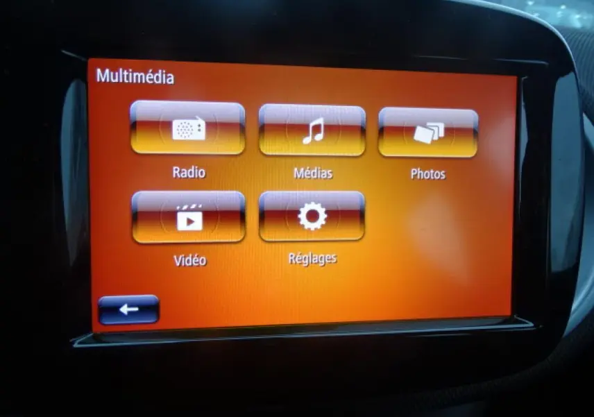 Écran tactile multimédia orange de la Smart Forfour Electric Drive Prime, affichant les options Radio, Médias, Photos, Vidéo et Réglages.