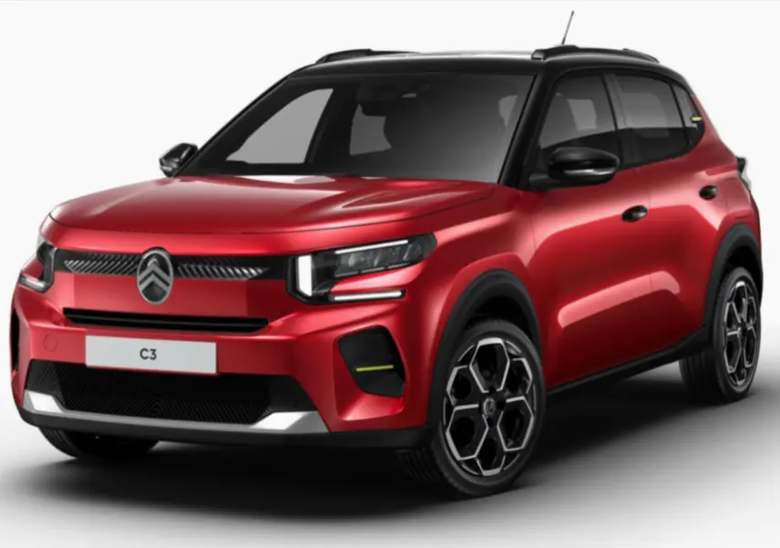 Citroën C3 hybride rouge vue 3/4 avant droit, avec calandre noire et jantes au design hexagonal.