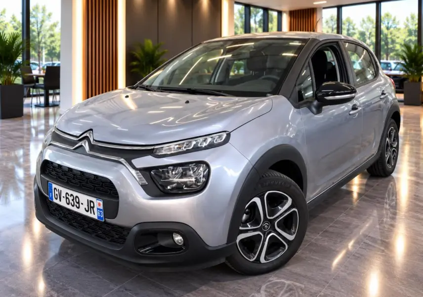 Citroën C3 gris foncé vue 3/4 avant droit en intérieur, avec jantes alliage et détails noirs contrastants.