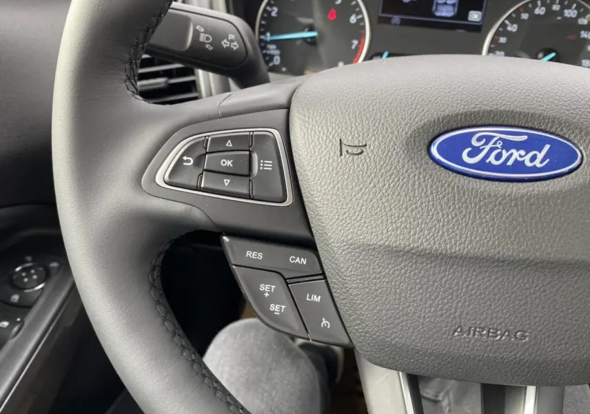 Gros plan sur le volant multifonction gris du Ford EcoSport 2022 avec commandes de régulateur et logo Ford visible.