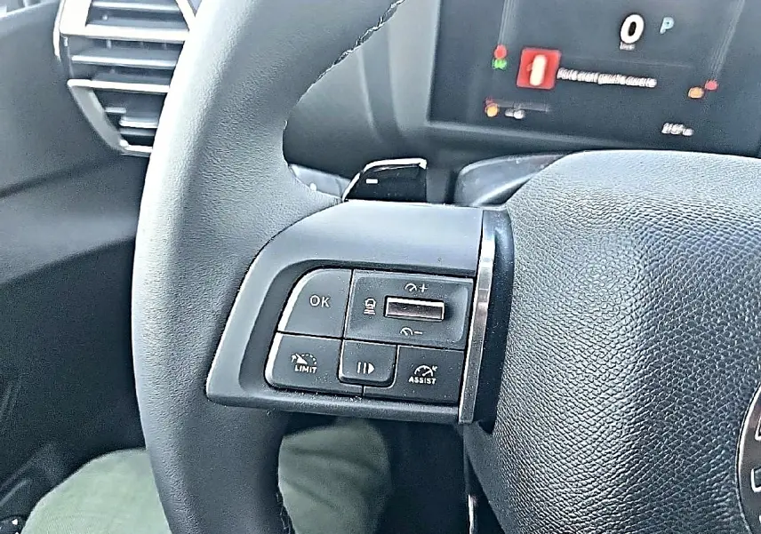 Gros plan sur les commandes au volant cuir noir de la Citroën C4 X blanche, avec écran multifonction en arrière-plan flou.