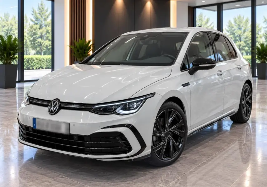Volkswagen Golf 1.5 eTSI blanche vue 3/4 avant en intérieur avec jantes noires Bergamo 18 pouces.