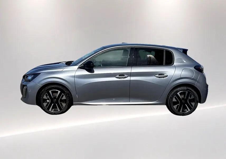 Profil droit d'une Peugeot 208 1.2 100 Allure gris Artense avec jantes alliage noires sur fond neutre.