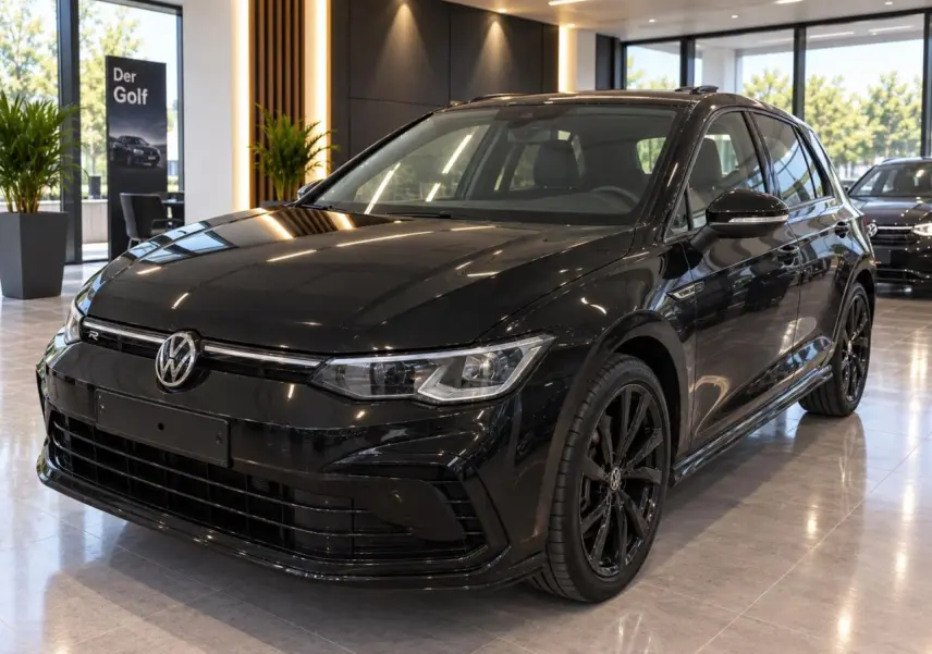 Volkswagen Golf 1.5 eTSI R-Line noir métal vue 3/4 avant avec jantes alliage noir en showroom.