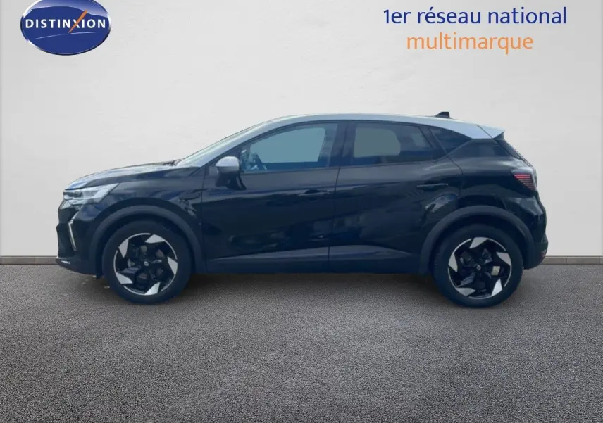 Profil gauche d'un Renault Captur 2025 noir étoile métal avec toit gris, jantes biton et lignes modernes.
