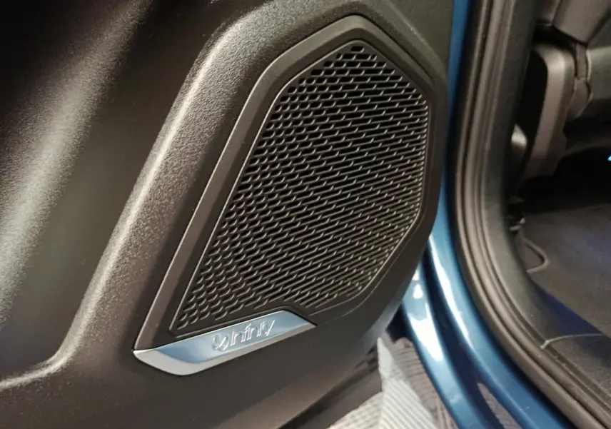 Gros plan sur l'enceinte Infinity intégrée à la porte arrière côté droit d'un Link & Co 01 bleu 2023.