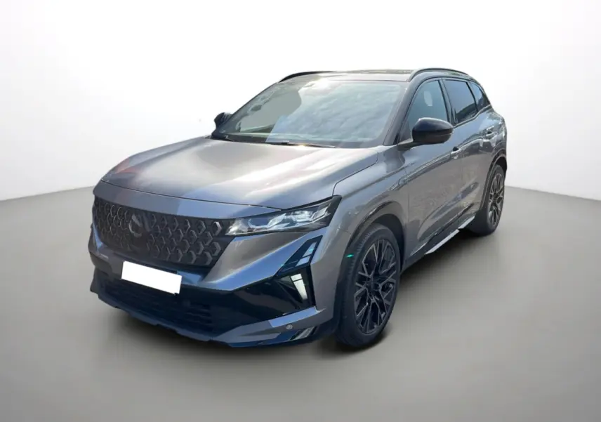Renault Austral 200 Esprit Alpine gris schiste avec toit noir, vue 3/4 avant droit mettant en valeur ses jantes noires.