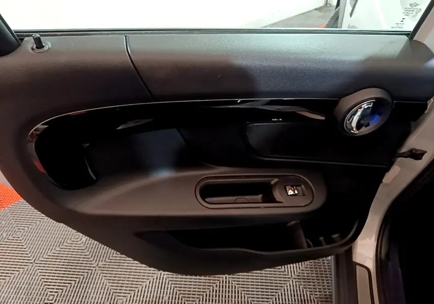 Vue intérieure côté gauche de la porte d’une MINI Countryman gris clair, avec poignée et commande de vitre intégrée.