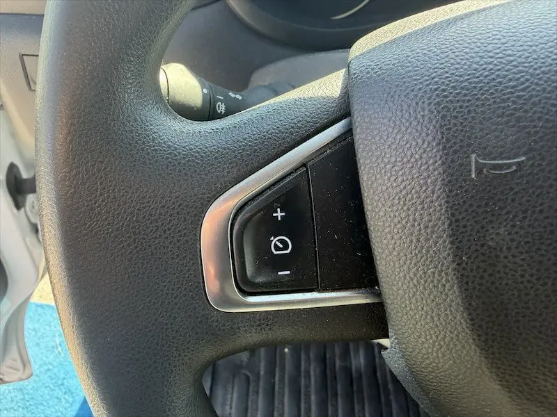Gros plan sur le volant noir du Renault Master blanc, mettant en valeur les commandes de régulateur de vitesse.