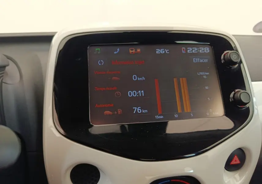 Vue rapprochée de l’écran tactile central blanc de la Toyota Aygo 2016 affichant les informations de trajet et la température extérieure.