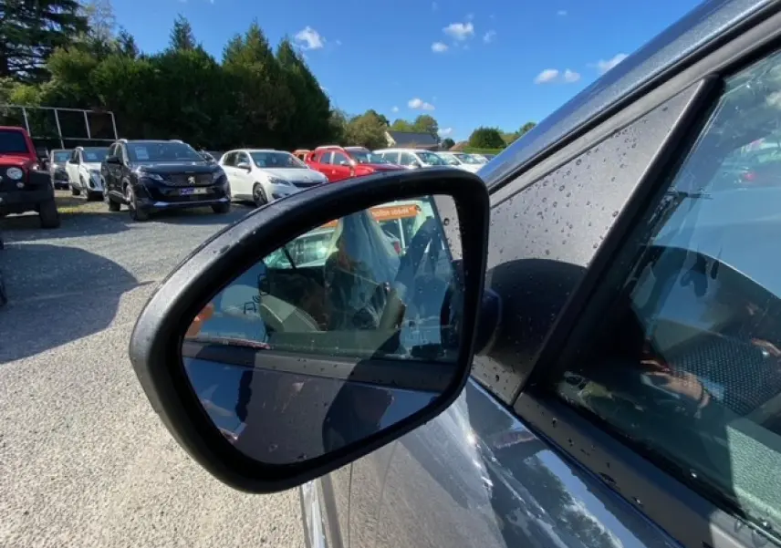 Rétroviseur côté gauche d'une Dacia Logan gris 2022 avec gouttes d'eau, vue rapprochée sur la portière et la vitre.