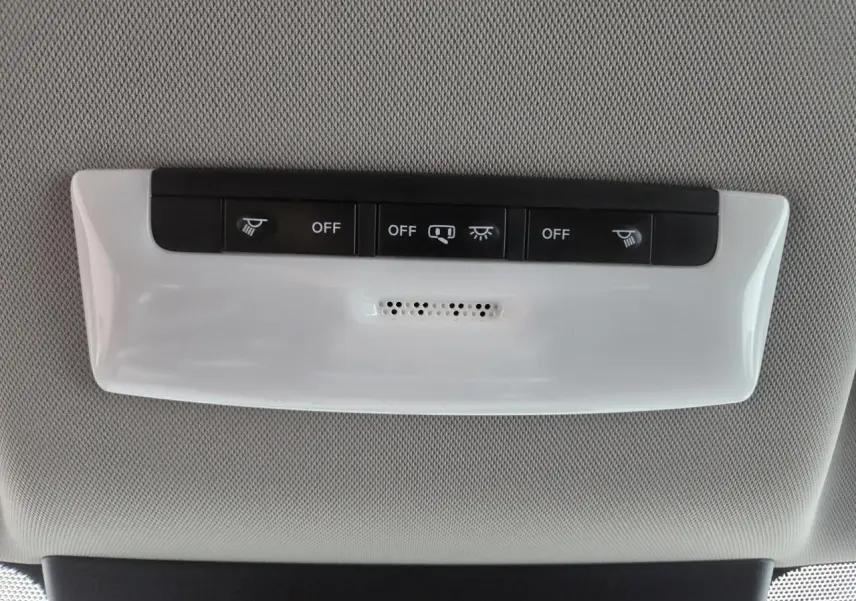 Détail du plafonnier intérieur avec commandes d’éclairage dans une Nissan Leaf II gris foncé métallisé, vue de dessous.