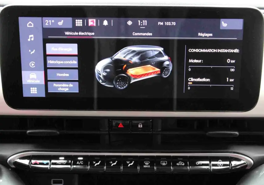 Écran tactile intérieur montrant l'interface de gestion énergétique d'une Fiat 500 électrique, tableau de bord moderne.