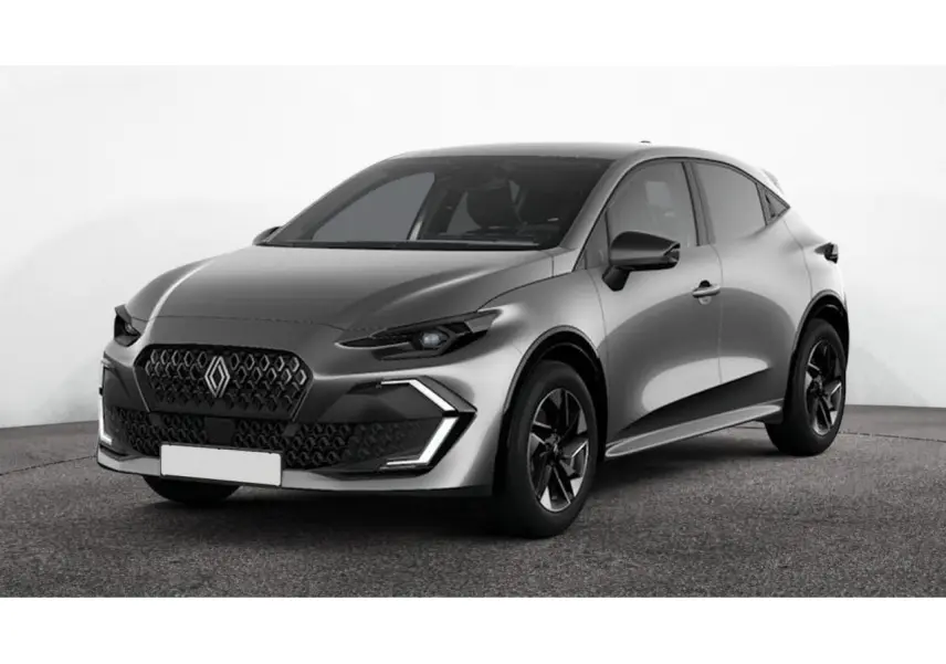 Renault Clio 2026 gris schiste vue 3/4 avant droit, avec jantes alliage noires et feux LED distinctifs.