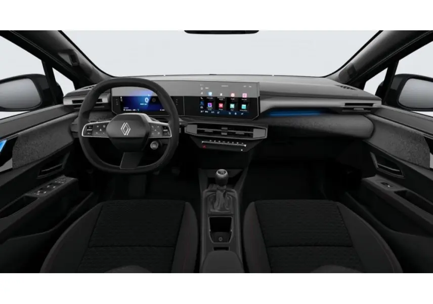 Vue intérieure avant de la Renault Clio 1.2 TCe 115 Techno 2026 avec tableau de bord moderne et volant multifonction.