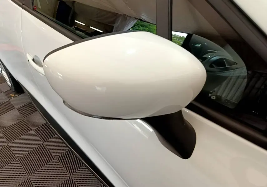 Rétroviseur droit blanc en gros plan sur Renault Clio Business TCe 90 essence 2019, vue côté conducteur.