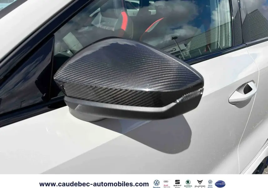 Rétroviseur en carbone côté gauche d’une Audi RS3 Sportback grise, avec poignée de porte visible.