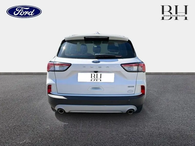 Vue arrière d'un Ford Kuga blanc Glacier 2023 avec double sortie d'échappement et feux arrière LED.