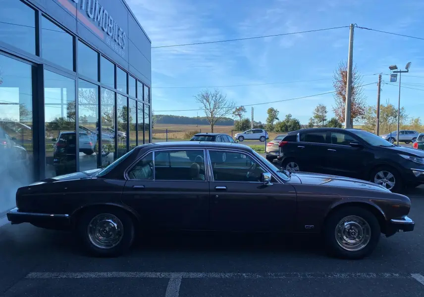 Profil côté gauche d'une Jaguar XJ6 Série 3 4.2 Sovereign marron de 1985 garée devant un bâtiment vitré.