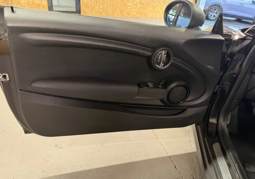 Vue intérieure du panneau de porte côté gauche d'une MINI noire 2018, avec poignée ronde et commandes électriques.