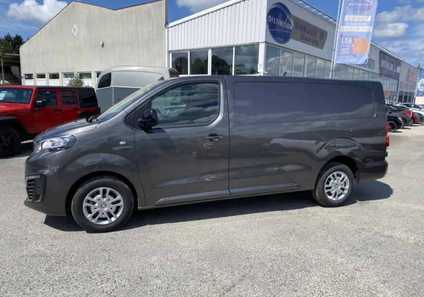 Vue de profil côté gauche d'un Peugeot Expert Fourgon gris platinium stationné devant un bâtiment commercial.