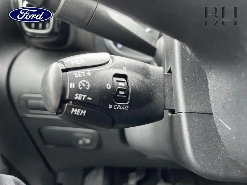 Gros plan sur la commande de régulateur de vitesse noire dans l'habitacle d'une Citroën C3 Aircross blanche de 2019.