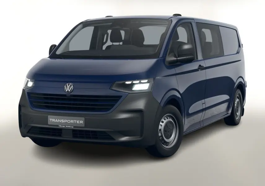 Volkswagen Transporter ProCab bleu en vue 3/4 avant droit avec phares LED et porte coulissante droite.