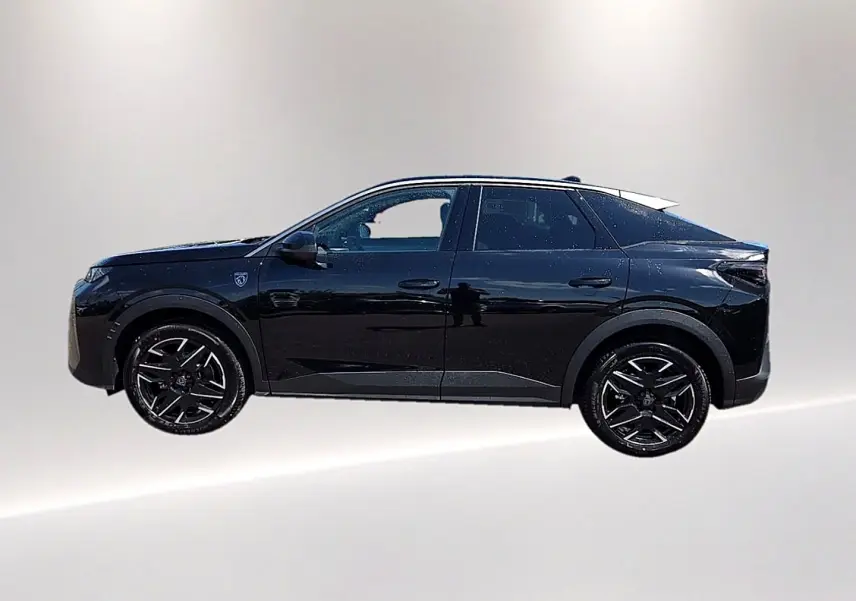 Peugeot 3008 noir vue de profil côté gauche, avec jantes alliage noires et détails modernes sur la carrosserie.