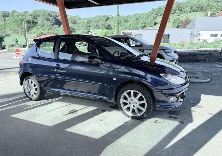 Peugeot 206 bleu en vue latérale droite sous abri, avec jantes alliage et carrosserie compacte trois portes.
