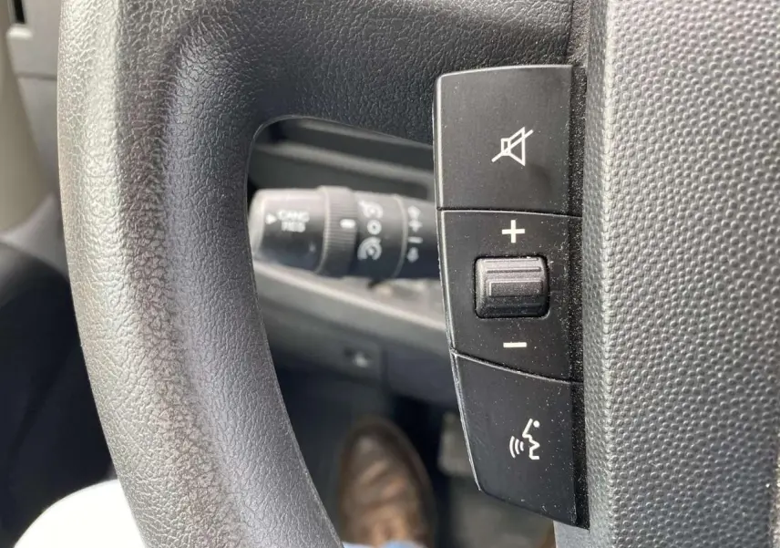 Gros plan sur les commandes de volume et de coupure du son au volant d’un Opel Movano Fourgon blanc, intérieur conducteur.