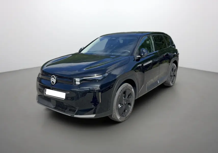 Citroën C5 Aircross New Hybrid 145 Max T.O noir perla nera, vue 3/4 avant avec jantes noires et toit panoramique.
