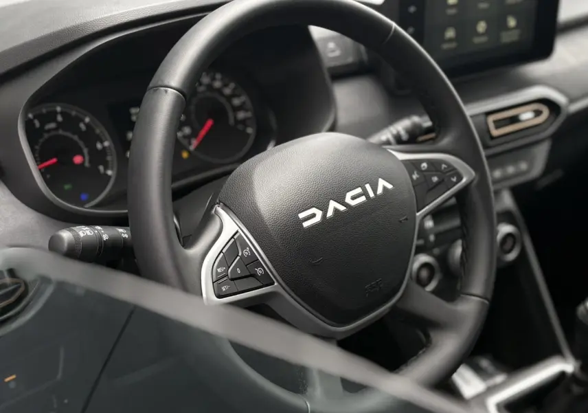 Vue rapprochée du volant noir de la Dacia Sandero Stepway 2025 avec commandes intégrées et tableau de bord numérique.