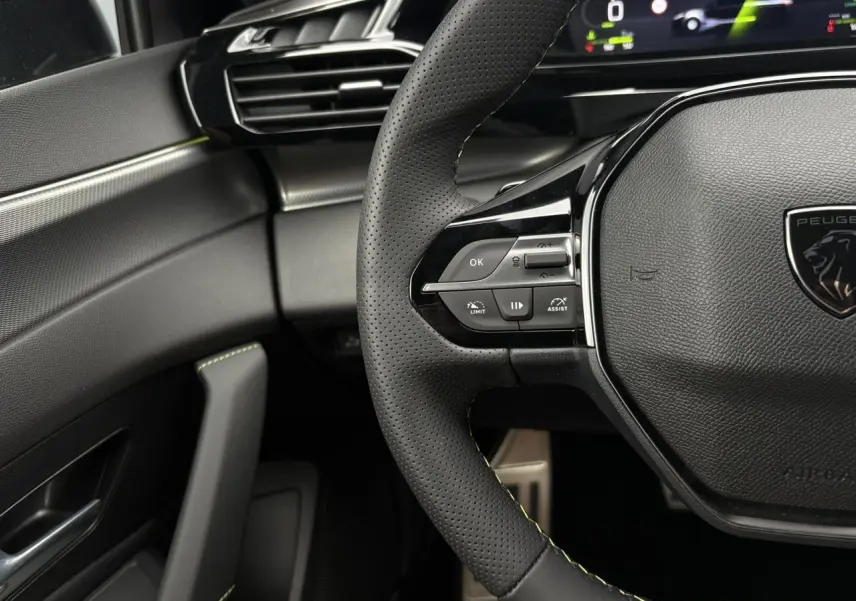 Gros plan sur le volant perforé noir avec surpiqûres vert Adamite et partie gauche du tableau de bord gris foncé.
