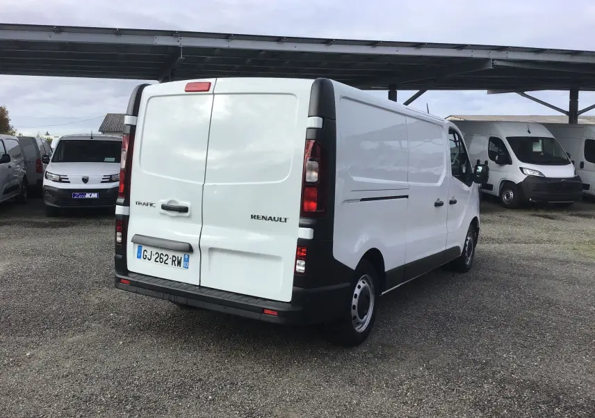 Renault Trafic Fourgon blanc vu de l'arrière côté gauche, avec portes arrière fermées et feux verticaux noirs.