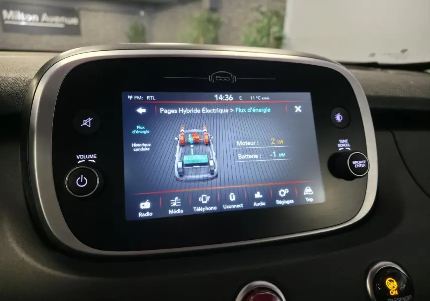Écran tactile central du tableau de bord du Fiat 500X rouge 2024 affichant le flux d'énergie hybride.
