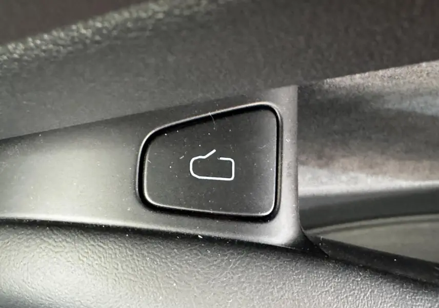 Gros plan sur le bouton de déverrouillage intérieur noir de la Tesla Model 3 Grande Autonomie 2023.