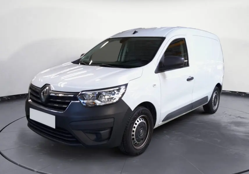 Renault Express Van blanc vu en 3/4 avant droit, avec pare-chocs noirs et jantes acier simples.