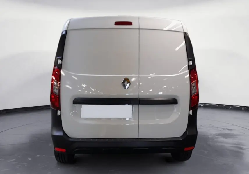 Vue arrière du Renault Express Van blanc 2023 avec portes battantes et feux rouges verticaux.