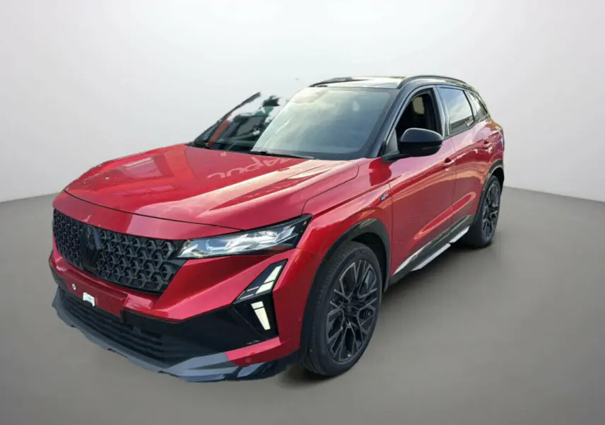 Renault Austral New 200 Esprit Alpine 2025 rouge avec toit noir, vue 3/4 avant mettant en valeur sa calandre noire et ses jantes foncées.