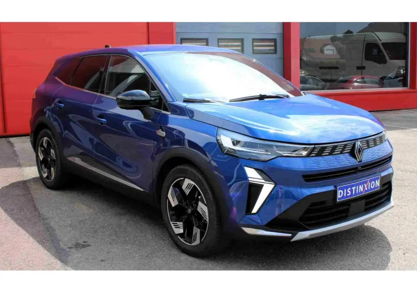 Renault Symbioz bleu Iron en 3/4 avant droit, avec calandre 3D et jantes alliage 19 pouces pulsar.