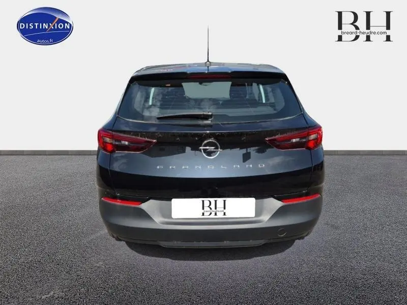 Vue arrière d'un Opel Grandland noir Karbon métallisé 2023 avec feux arrière LED et logo central visible.