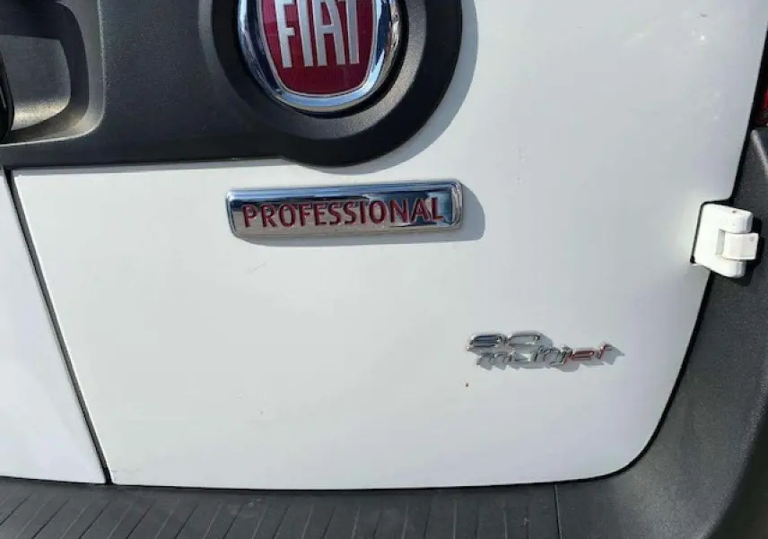 Gros plan sur la porte avant gauche blanche d’un FIAT Doblo 1.3 Multijet avec logos FIAT et Professional visibles.