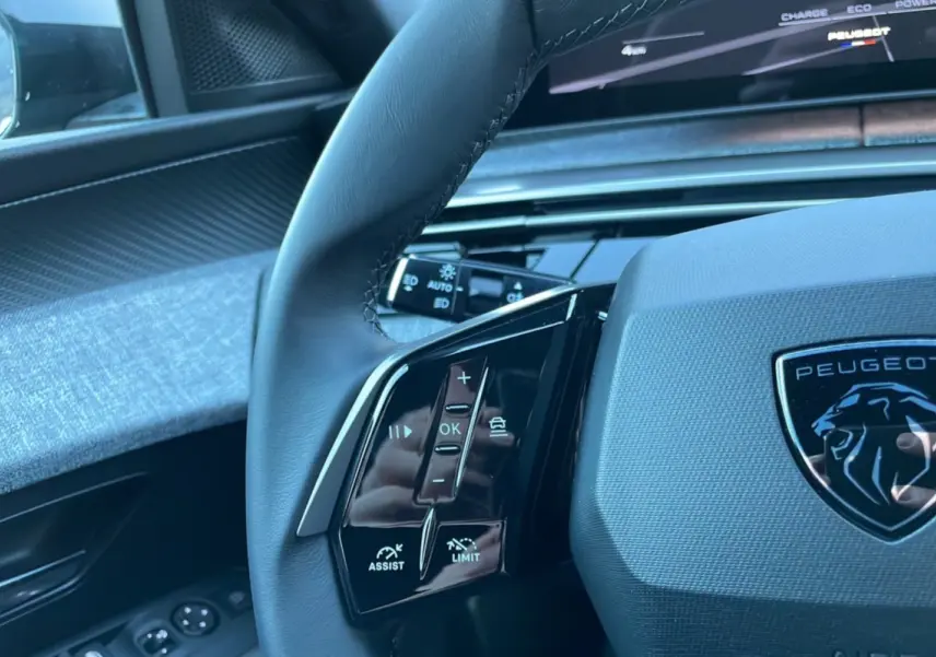 Gros plan sur le volant cuir multifonctions gris avec logo Peugeot et commandes d’assistance visibles côté gauche.