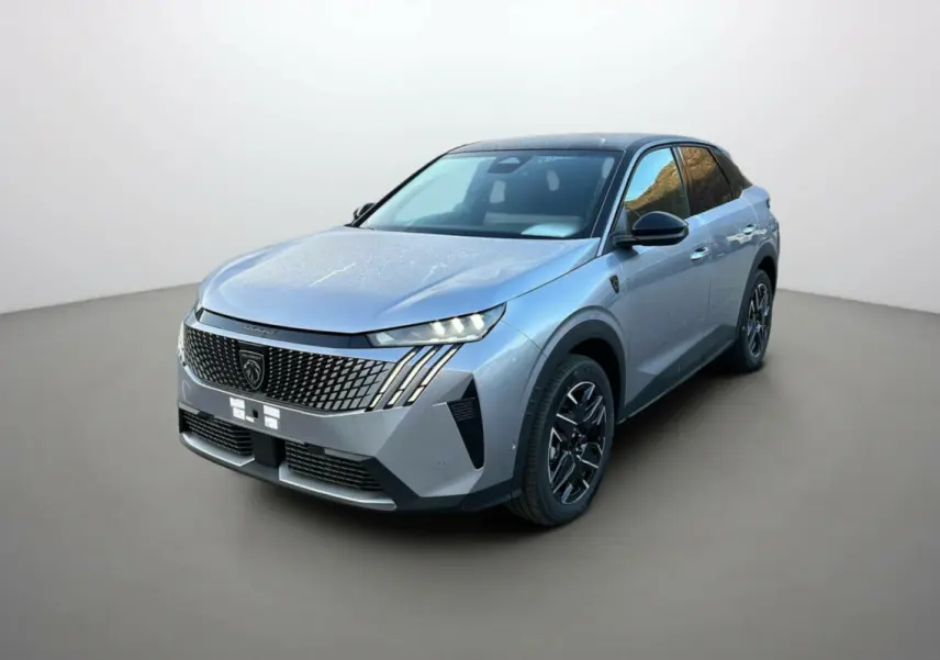 Peugeot 3008 Hybrid 145 GT gris artense avec toit noir, vue 3/4 avant mettant en valeur la calandre distinctive.