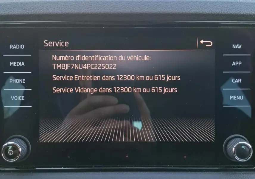 Écran multimédia intérieur affichant le menu service du Skoda Karoq 2.0 TDI Business, interface noire avec texte orange.