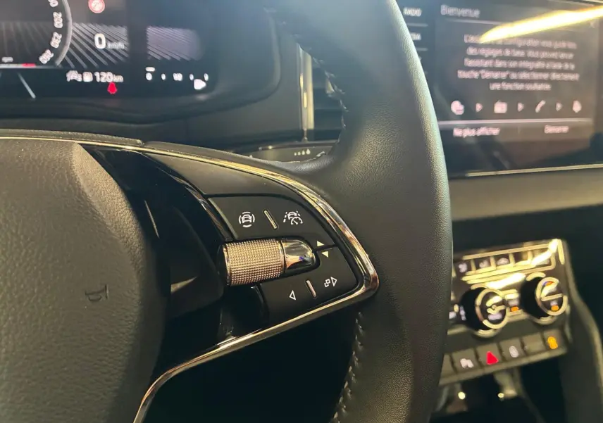 Gros plan sur le volant multifonctions en cuir avec commandes intégrées du Skoda Karoq 2023, intérieur noir.